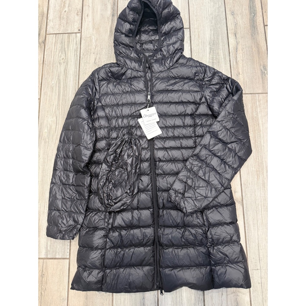 Obosoyo Womens Black Packable Down Puffer Coat Hooded Quilted Jacket Size L NWT